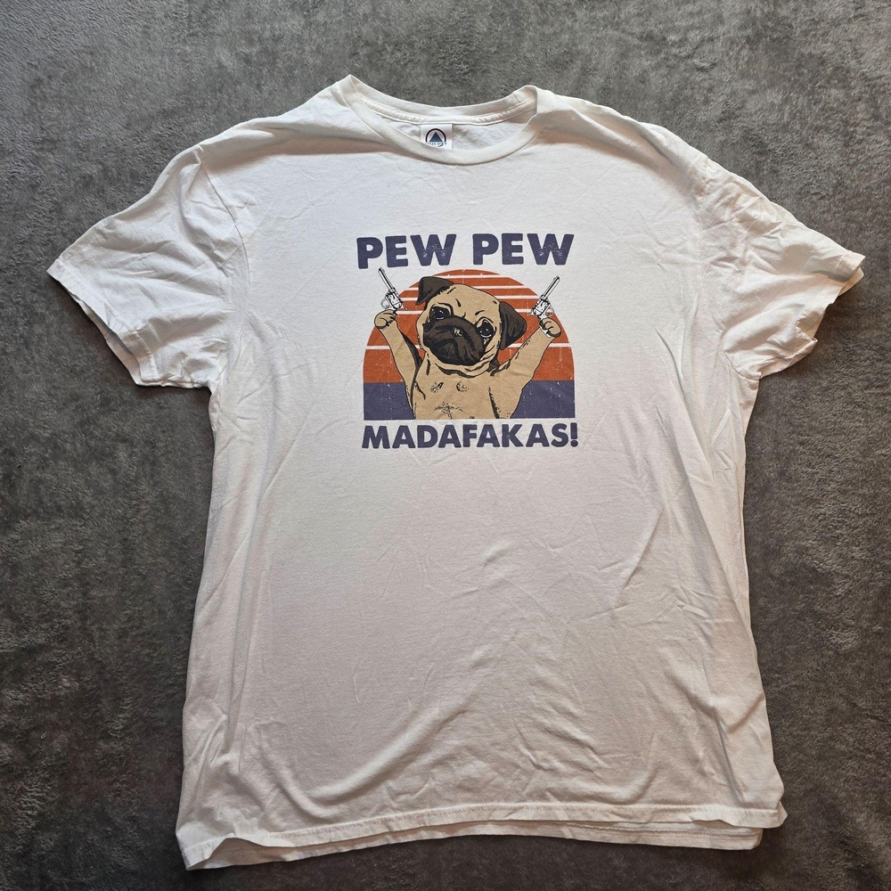 Delta Soft Pew Pew Madafakas Pug Shirt Mens XL White Funny Dog Graphic T-Shirt